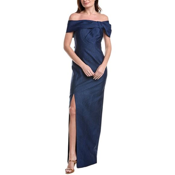 Teri Jon By Rickie Freeman WomensJacquard Asymmetrical Portrait Bow Shoulder